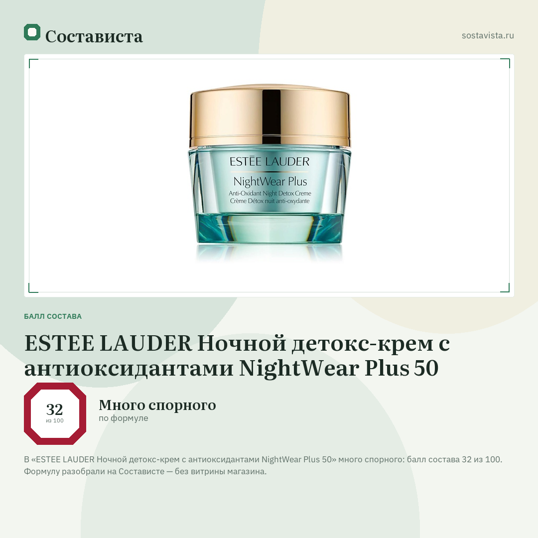 ESTEE LAUDER Ночной детокс-крем с антиоксидантами NightWear Plus 50: балл состава 32 из 100 — Состависта