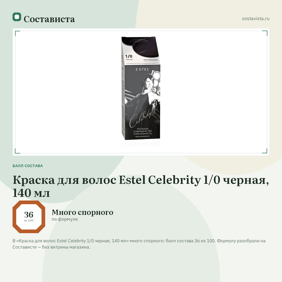 Краска для волос Estel Celebrity 1/0 черная, 140 мл: балл состава 36 из 100 — Состависта