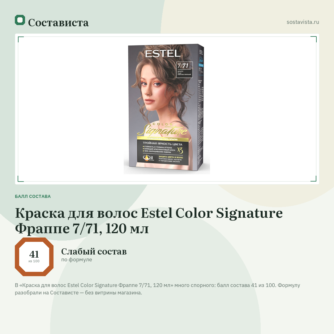 Краска для волос Estel Color Signature Фраппе 7/71, 120 мл: балл состава 41 из 100 — Состависта