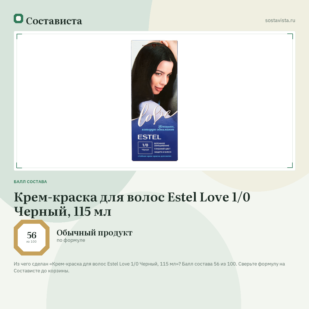 Крем-краска для волос Estel Love 1/0 Черный, 115 мл: балл состава 56 из 100 — Состависта