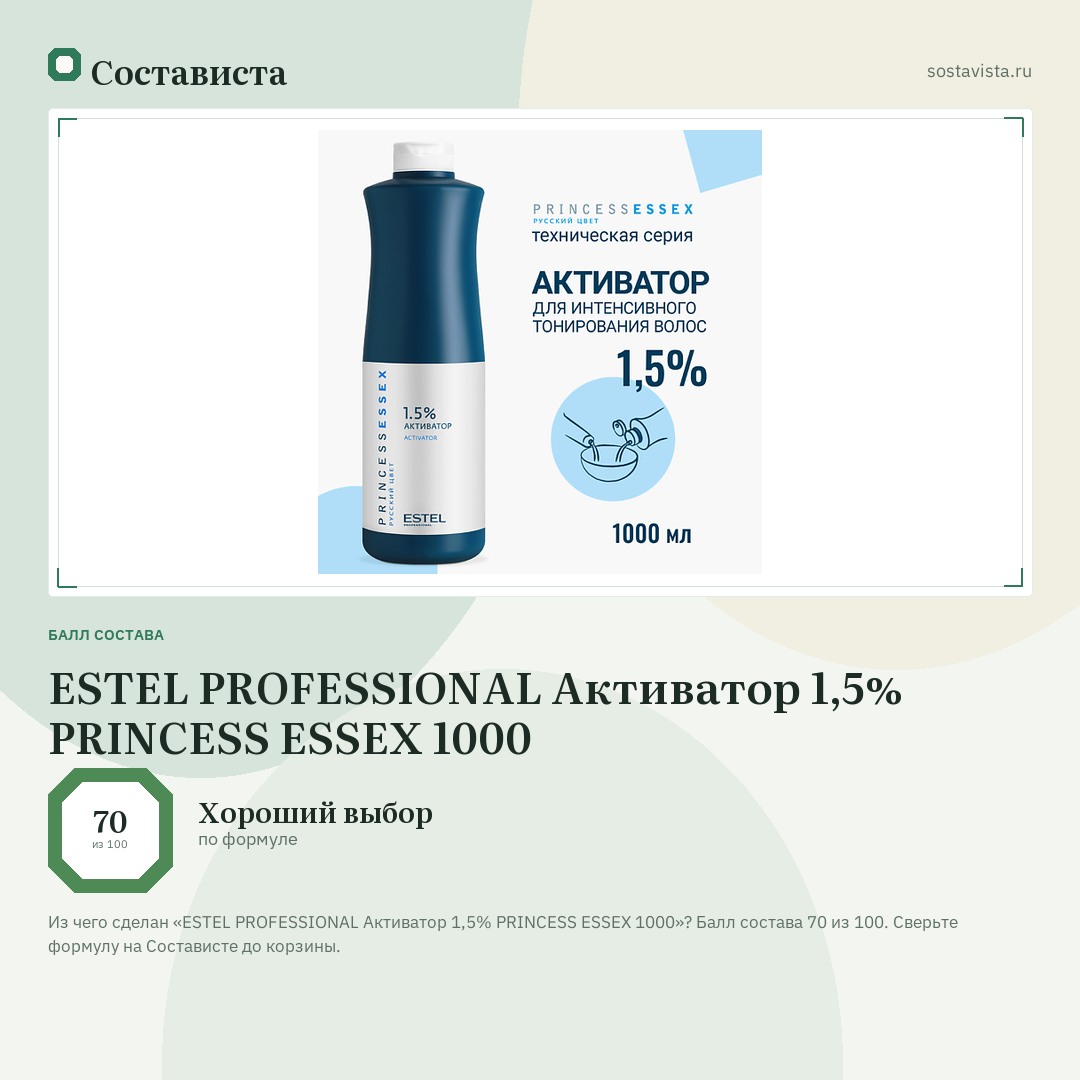 ESTEL PROFESSIONAL Активатор 1,5% PRINCESS ESSEX 1000: балл состава 70 из 100 — Состависта