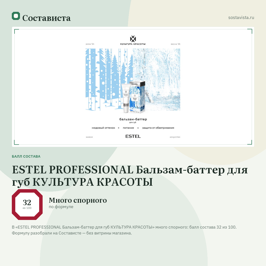 ESTEL PROFESSIONAL Бальзам-баттер для губ КУЛЬТУРА КРАСОТЫ: балл состава 32 из 100 — Состависта