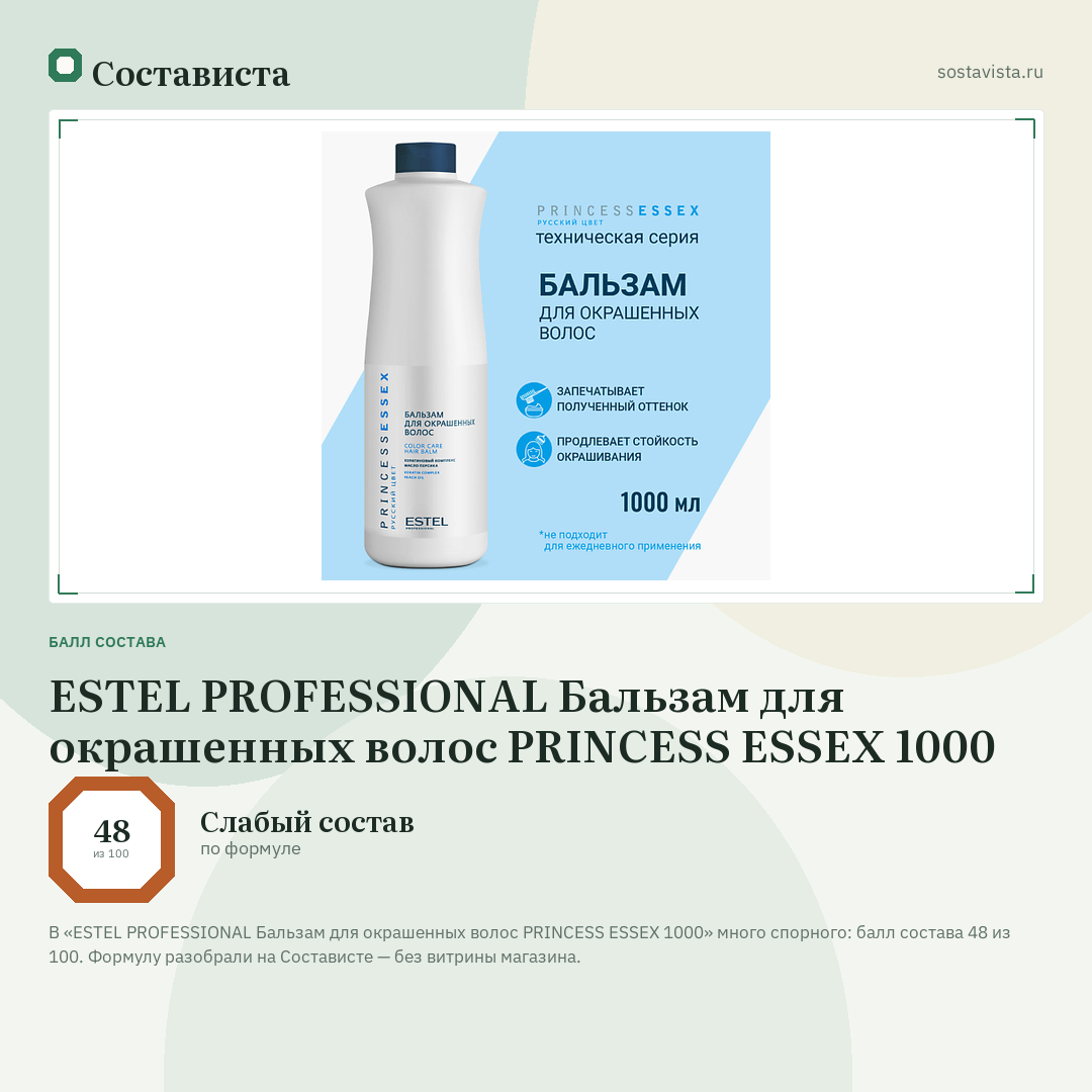 ESTEL PROFESSIONAL Бальзам для окрашенных волос PRINCESS ESSEX 1000: балл состава 48 из 100 — Состависта