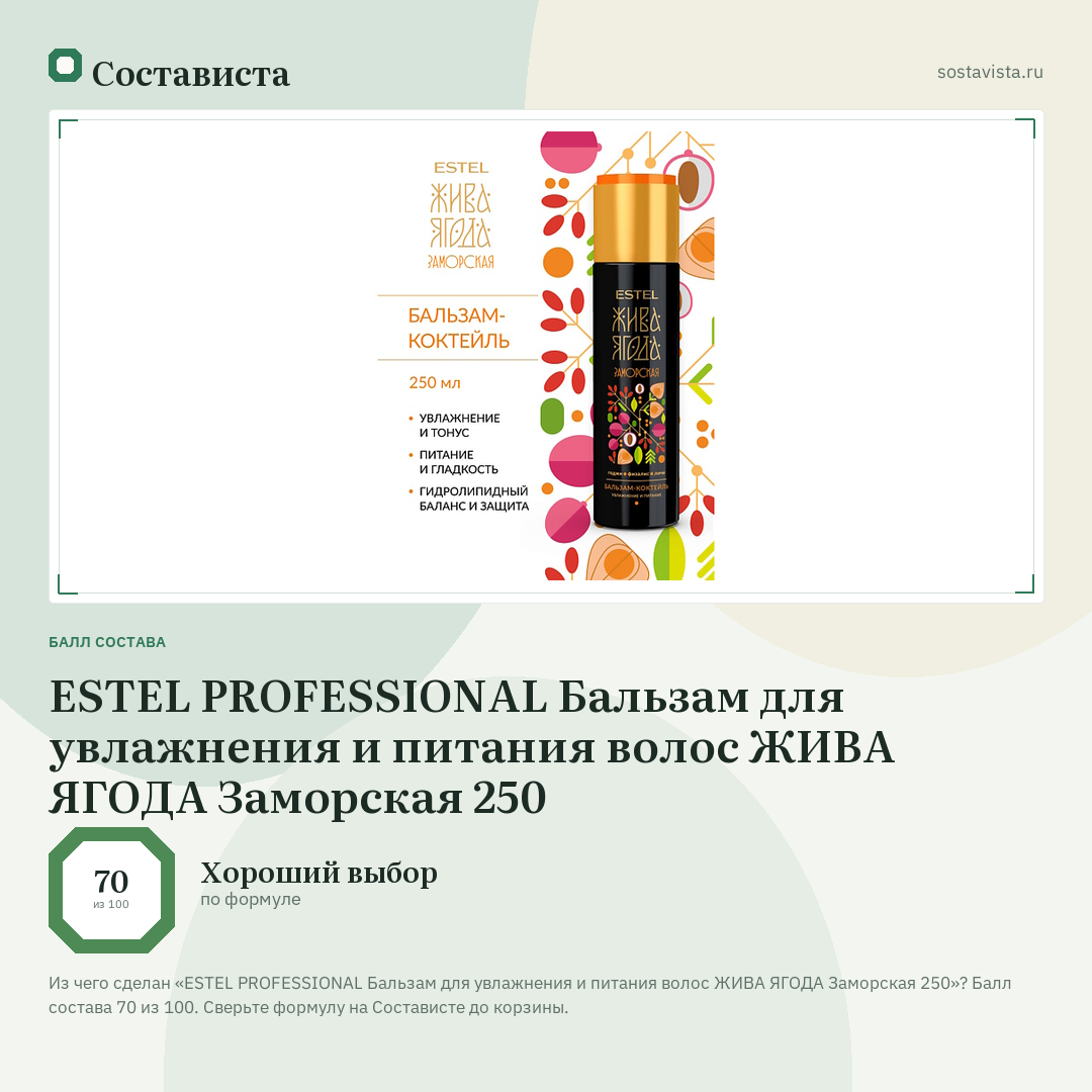 ESTEL PROFESSIONAL Бальзам для увлажнения и питания волос ЖИВА ЯГОДА Заморская 250: балл состава 70 из 100 — Состависта