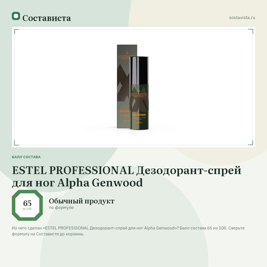 ESTEL PROFESSIONAL Дезодорант-спрей для ног Alpha Genwood: балл состава 65 из 100 — Состависта