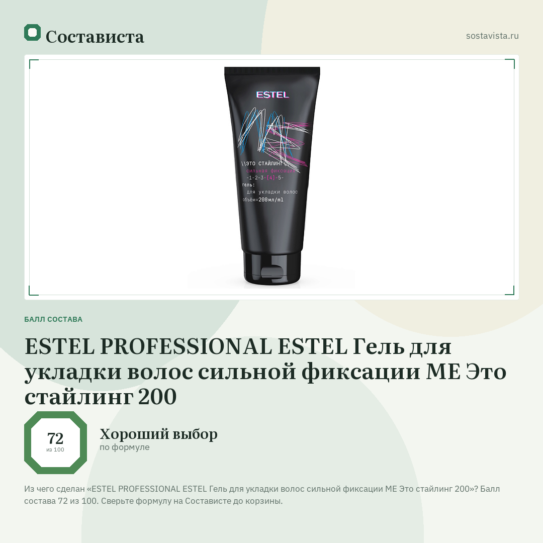 ESTEL PROFESSIONAL ESTEL Гель для укладки волос сильной фиксации ME Это стайлинг 200: балл состава 72 из 100 — Состависта