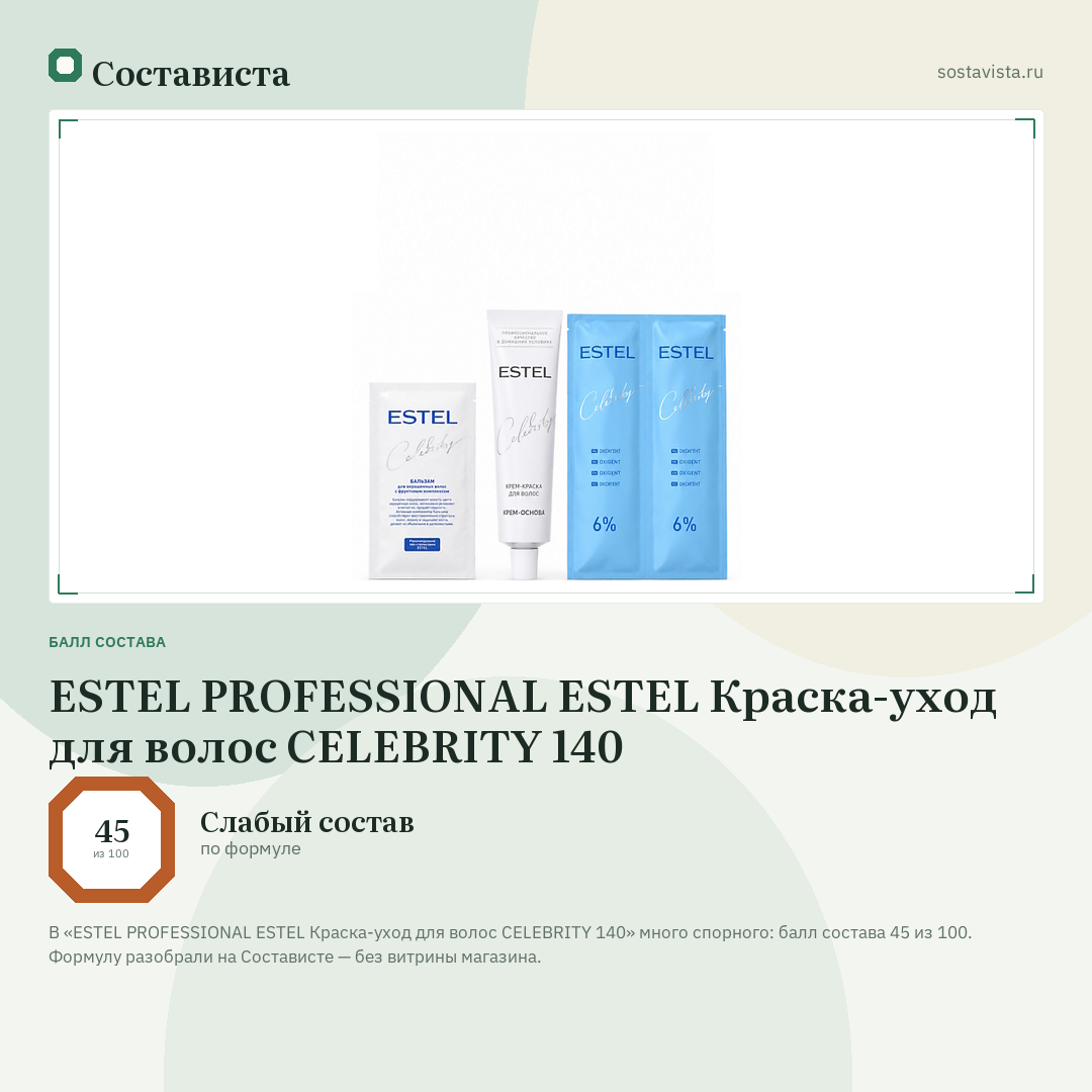 ESTEL PROFESSIONAL ESTEL Краска-уход для волос CELEBRITY 140: балл состава 45 из 100 — Состависта