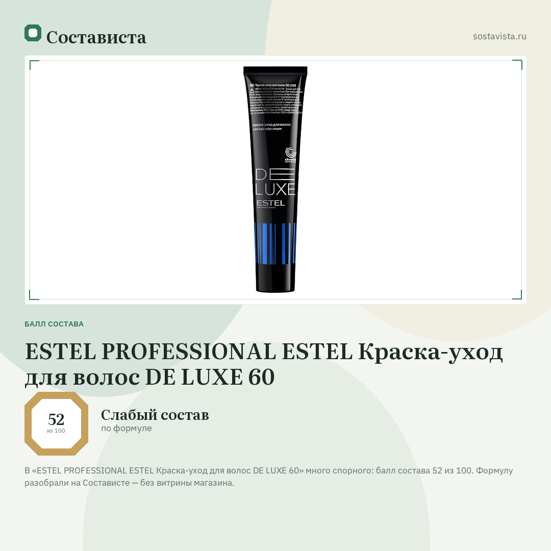 ESTEL PROFESSIONAL ESTEL Краска-уход для волос DE LUXE 60: балл состава 52 из 100 — Состависта