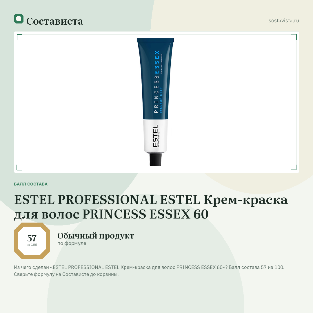 ESTEL PROFESSIONAL ESTEL Крем-краска для волос PRINCESS ESSEX 60: балл состава 57 из 100 — Состависта