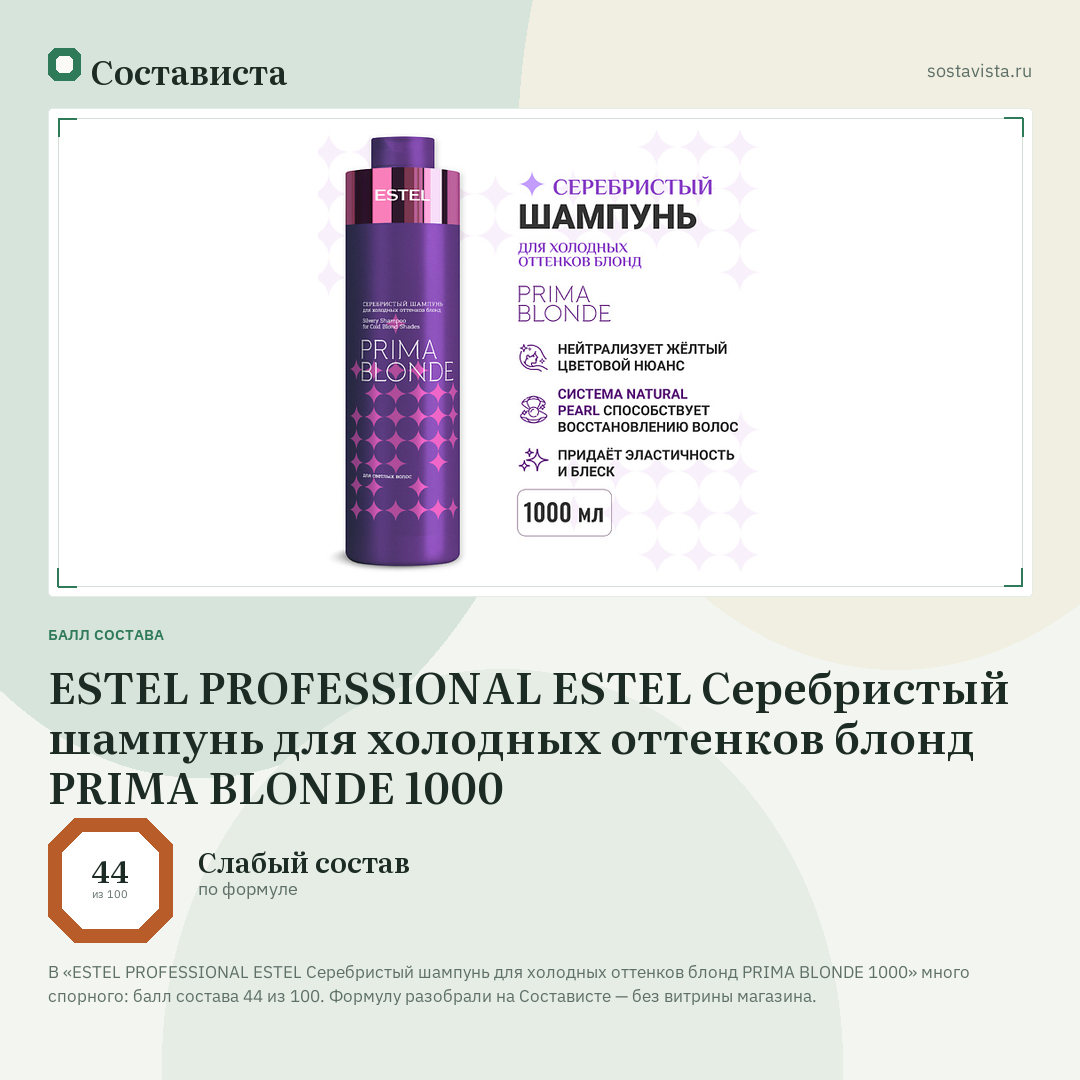 ESTEL PROFESSIONAL ESTEL Серебристый шампунь для холодных оттенков блонд PRIMA BLONDE 1000: балл состава 44 из 100 — Состависта