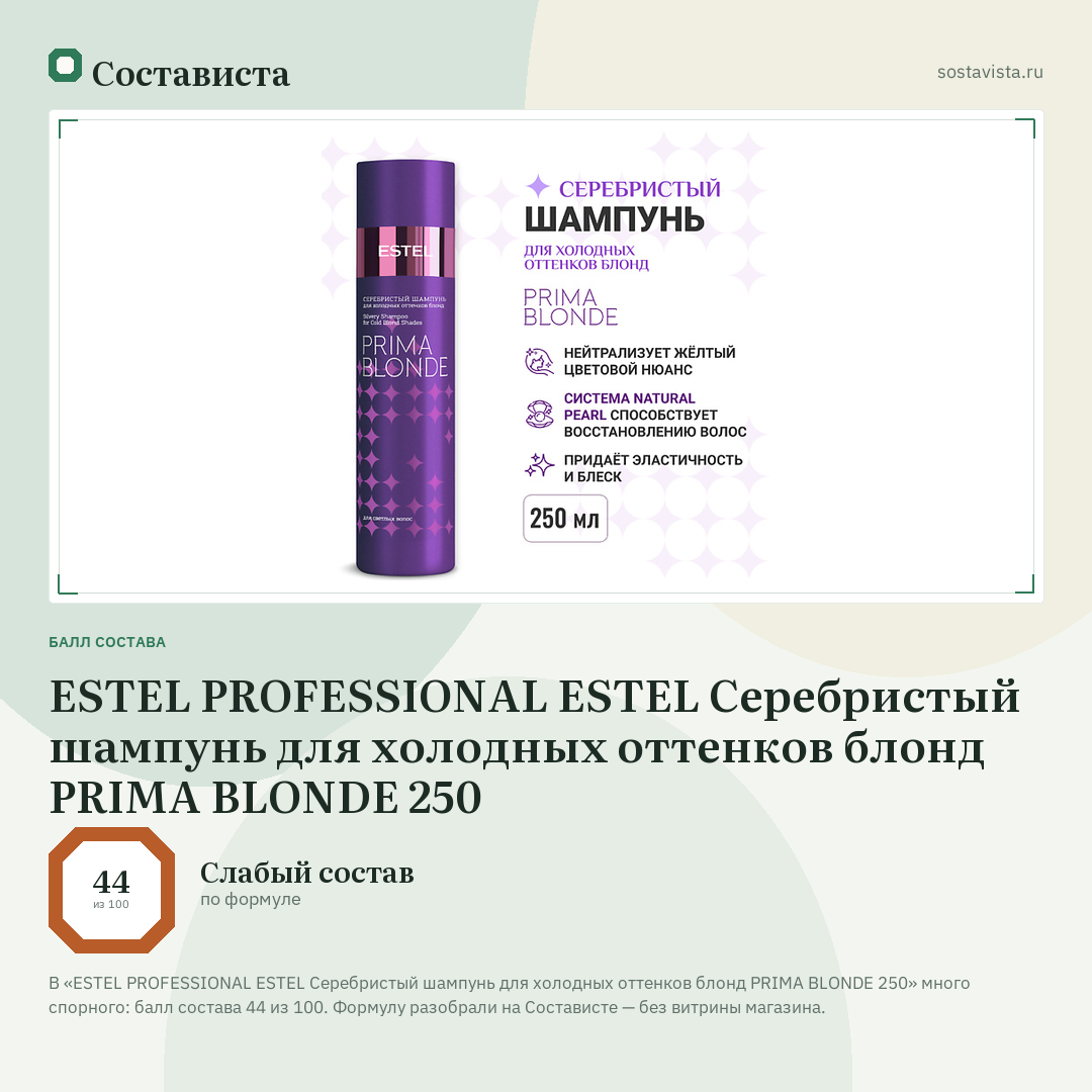 ESTEL PROFESSIONAL ESTEL Серебристый шампунь для холодных оттенков блонд PRIMA BLONDE 250: балл состава 44 из 100 — Состависта