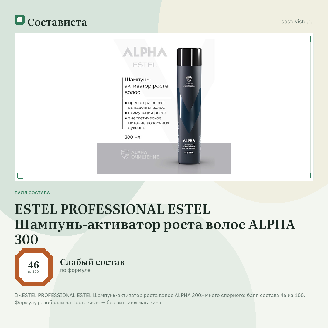 ESTEL PROFESSIONAL ESTEL Шампунь-активатор роста волос ALPHA 300: балл состава 46 из 100 — Состависта