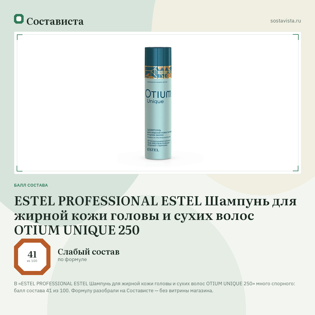 ESTEL PROFESSIONAL ESTEL Шампунь для жирной кожи головы и сухих волос OTIUM UNIQUE 250: балл состава 41 из 100 — Состависта