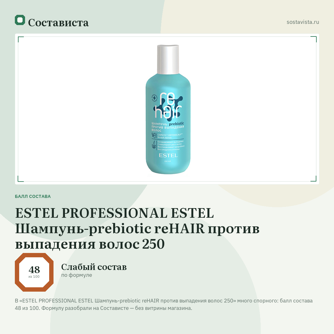 ESTEL PROFESSIONAL ESTEL Шампунь-prebiotic reHAIR против выпадения волос 250: балл состава 48 из 100 — Состависта