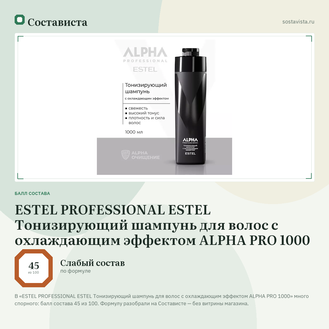 ESTEL PROFESSIONAL ESTEL Тонизирующий шампунь для волос с охлаждающим эффектом ALPHA PRO 1000: балл состава 45 из 100 — Состависта