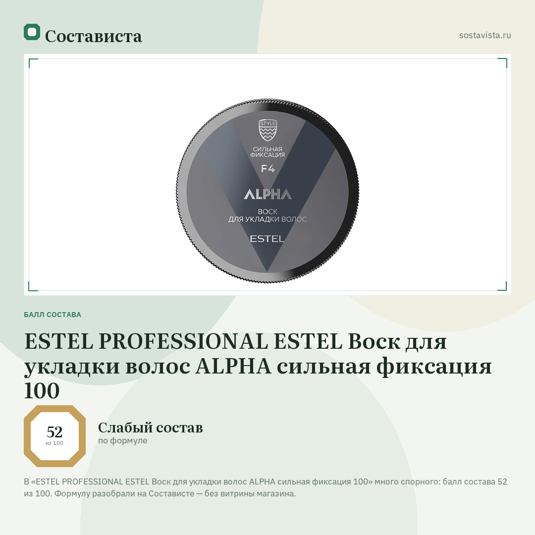 ESTEL PROFESSIONAL ESTEL Воск для укладки волос ALPHA сильная фиксация 100: балл состава 52 из 100 — Состависта