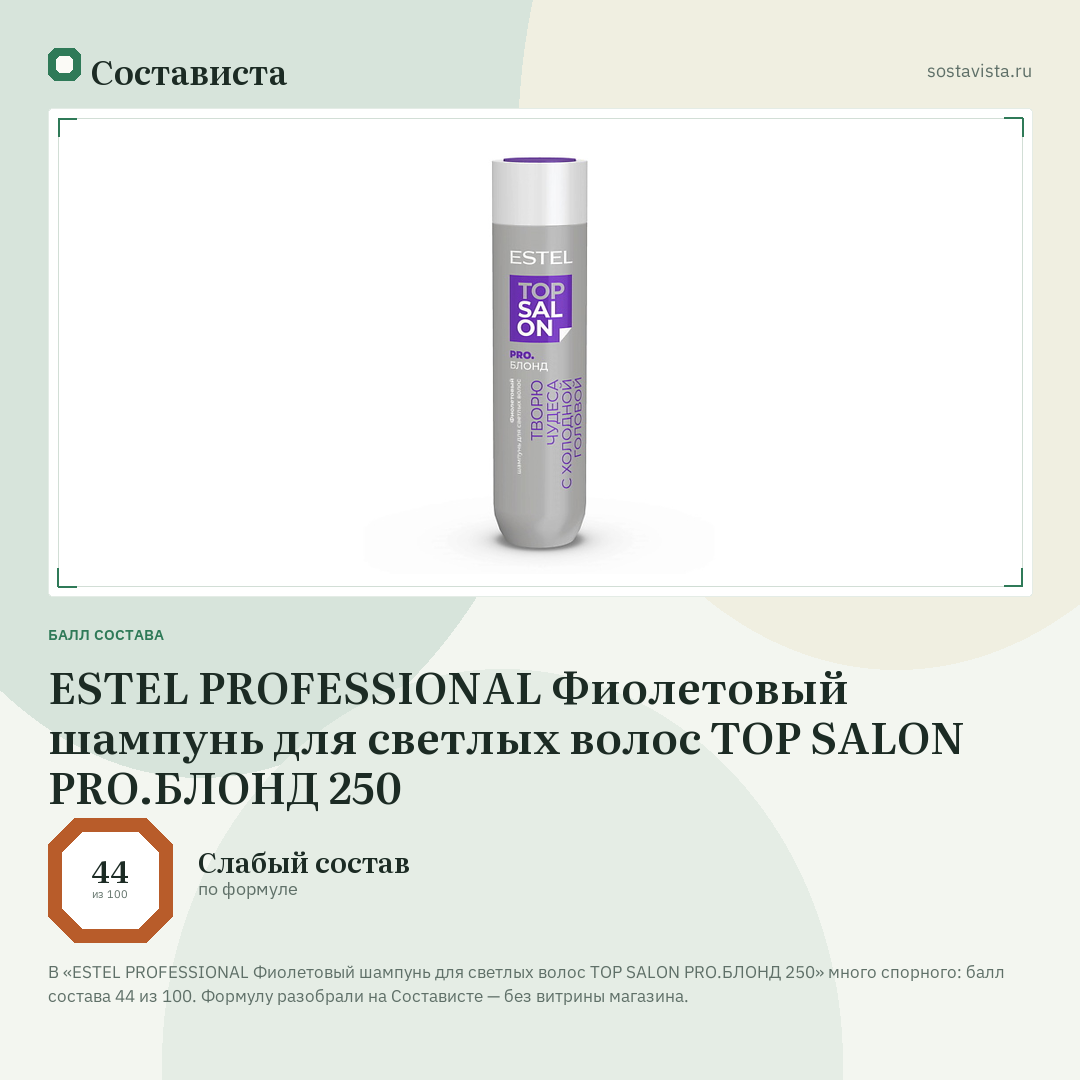ESTEL PROFESSIONAL Фиолетовый шампунь для светлых волос ТОР SALON PRO.БЛОНД 250: балл состава 44 из 100 — Состависта