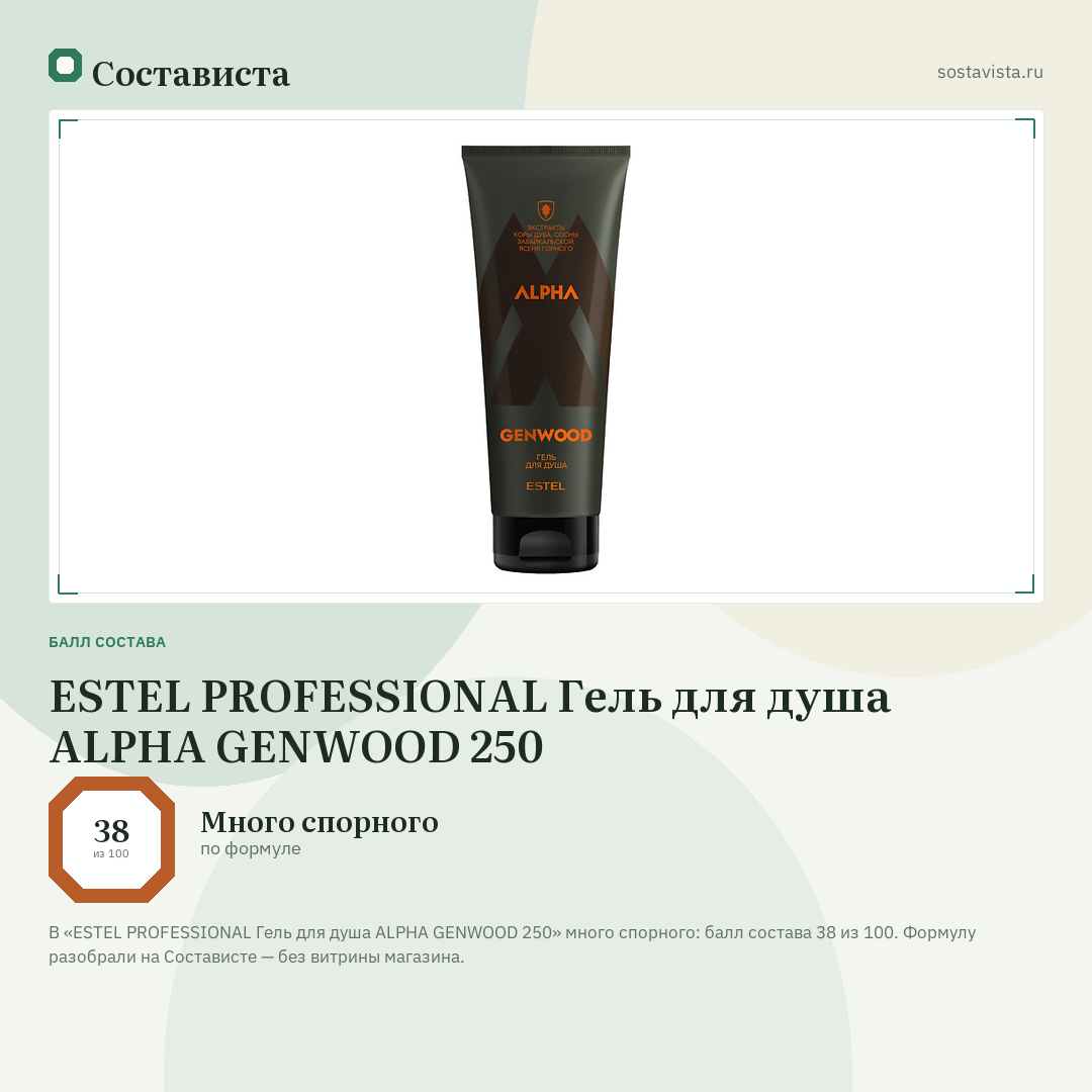 ESTEL PROFESSIONAL Гель для душа ALPHA GENWOOD 250: балл состава 38 из 100 — Состависта