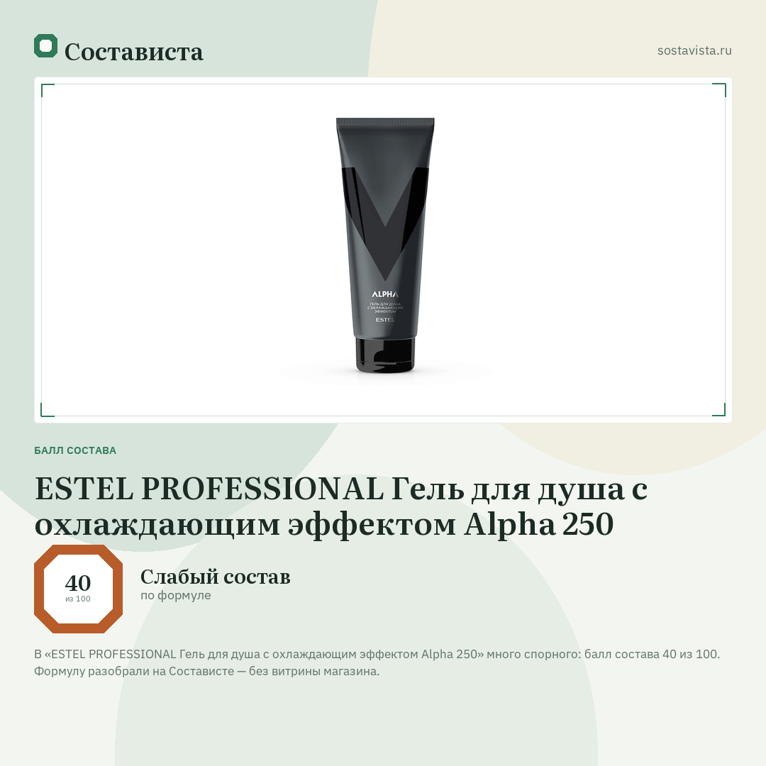 ESTEL PROFESSIONAL Гель для душа с охлаждающим эффектом Alpha 250: балл состава 40 из 100 — Состависта
