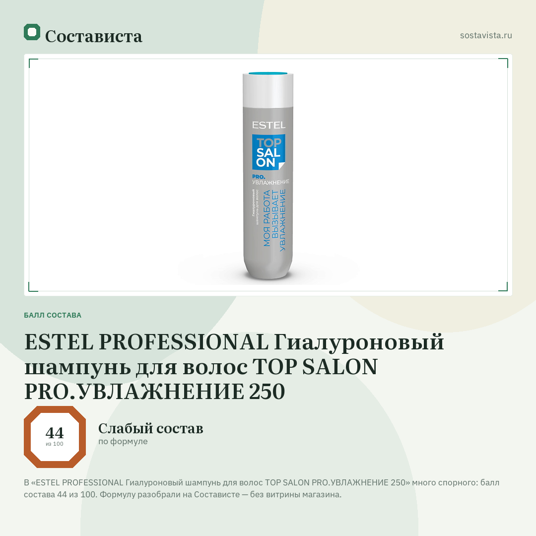 ESTEL PROFESSIONAL Гиалуроновый шампунь для волос ТОР SALON PRO.УВЛАЖНЕНИЕ 250: балл состава 44 из 100 — Состависта
