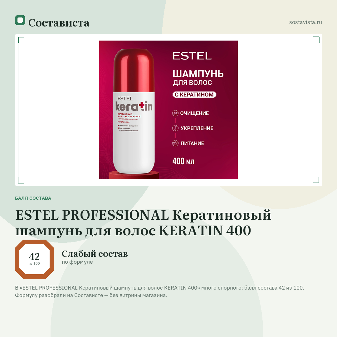 ESTEL PROFESSIONAL Кератиновый шампунь для волос KERATIN 400: балл состава 42 из 100 — Состависта