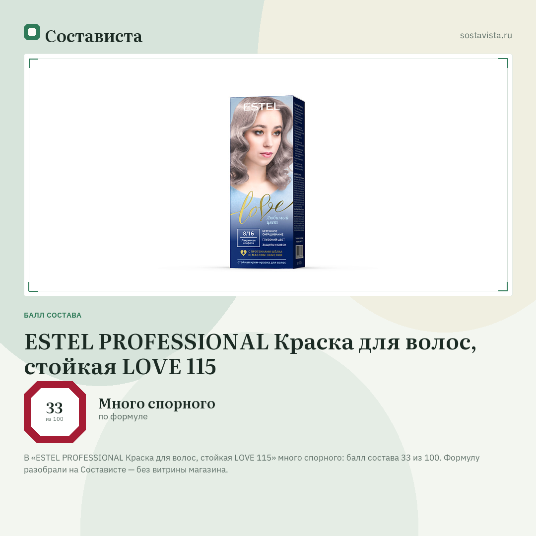 ESTEL PROFESSIONAL Краска для волос, стойкая LOVE 115: балл состава 33 из 100 — Состависта