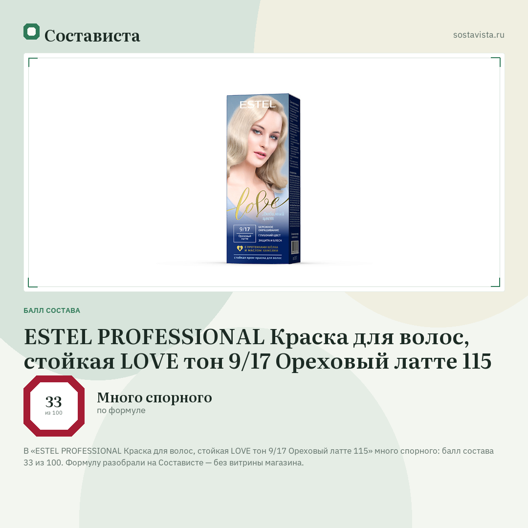 ESTEL PROFESSIONAL Краска для волос, стойкая LOVE тон 9/17 Ореховый латте 115: балл состава 33 из 100 — Состависта