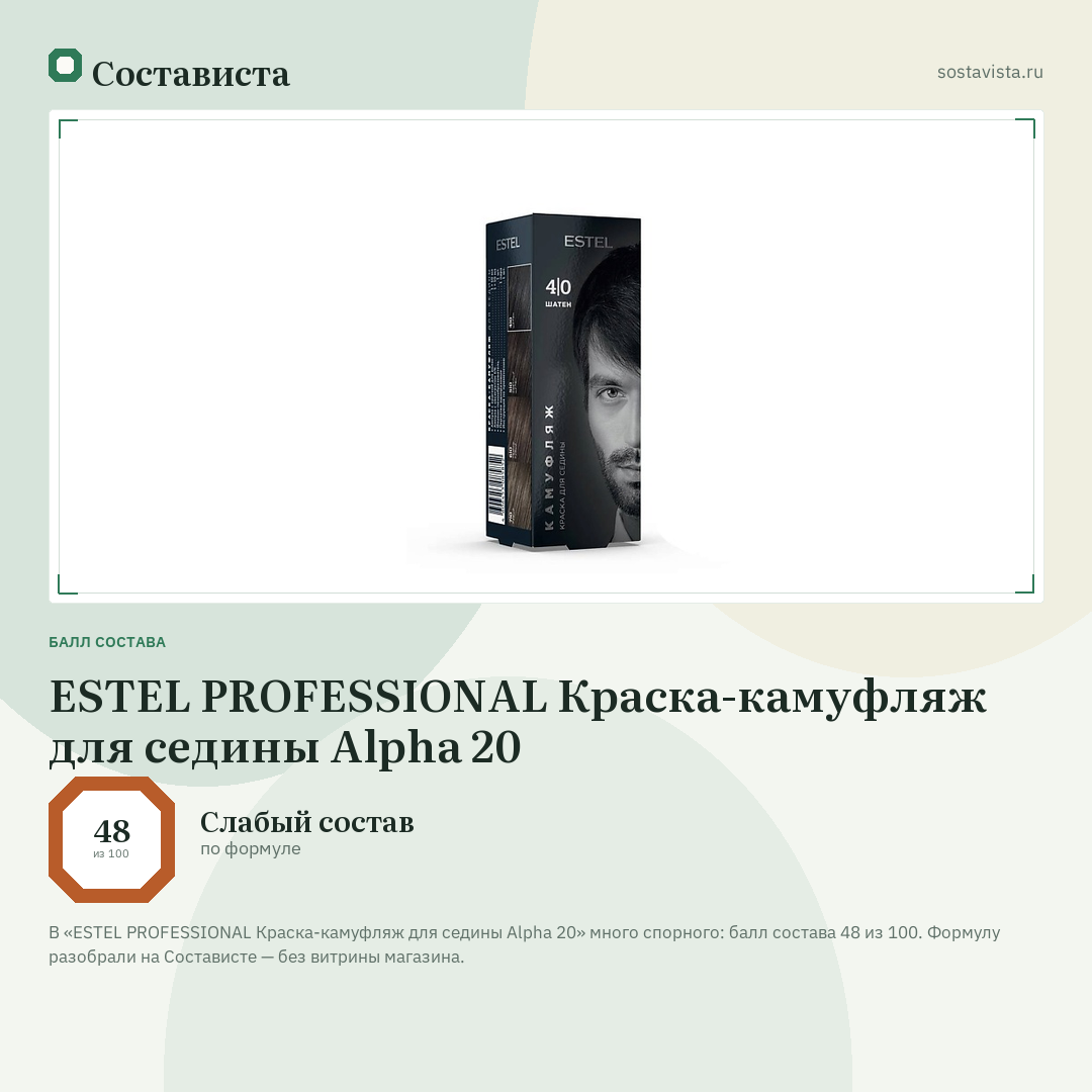 ESTEL PROFESSIONAL Краска-камуфляж для седины Alpha 20: балл состава 48 из 100 — Состависта