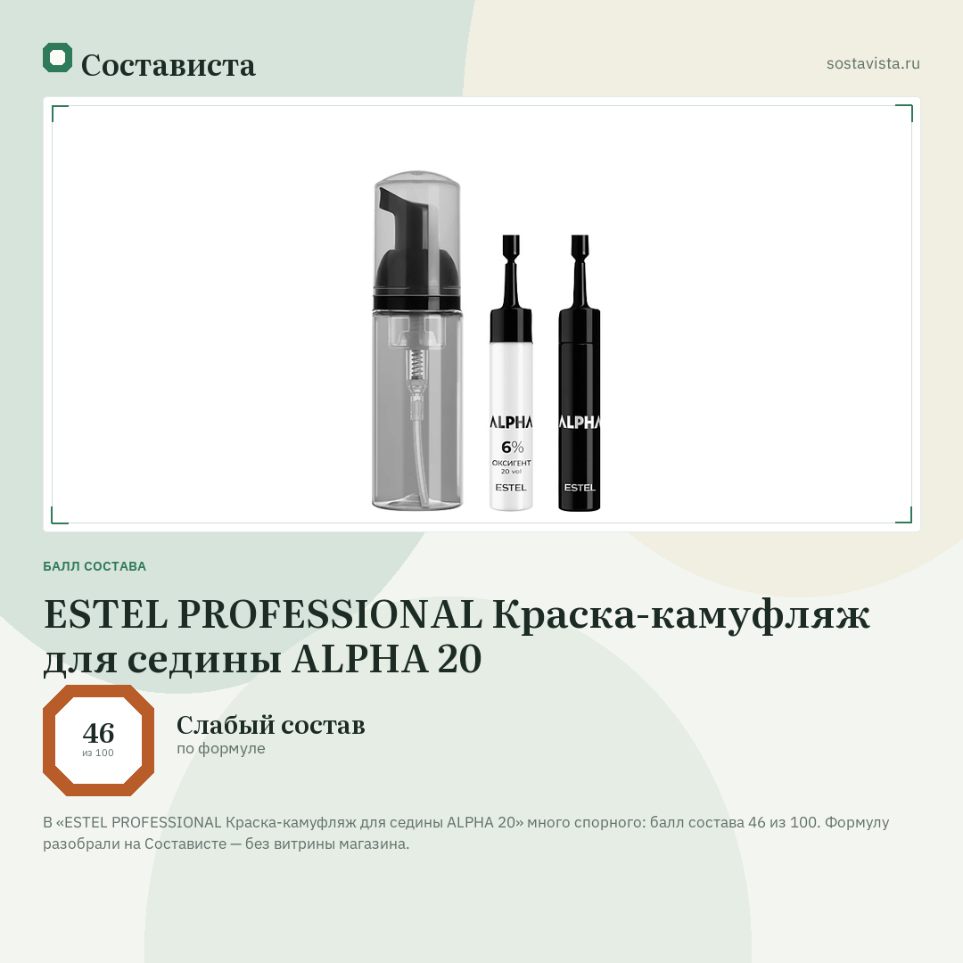ESTEL PROFESSIONAL Краска-камуфляж для седины ALPHA 20: балл состава 46 из 100 — Состависта