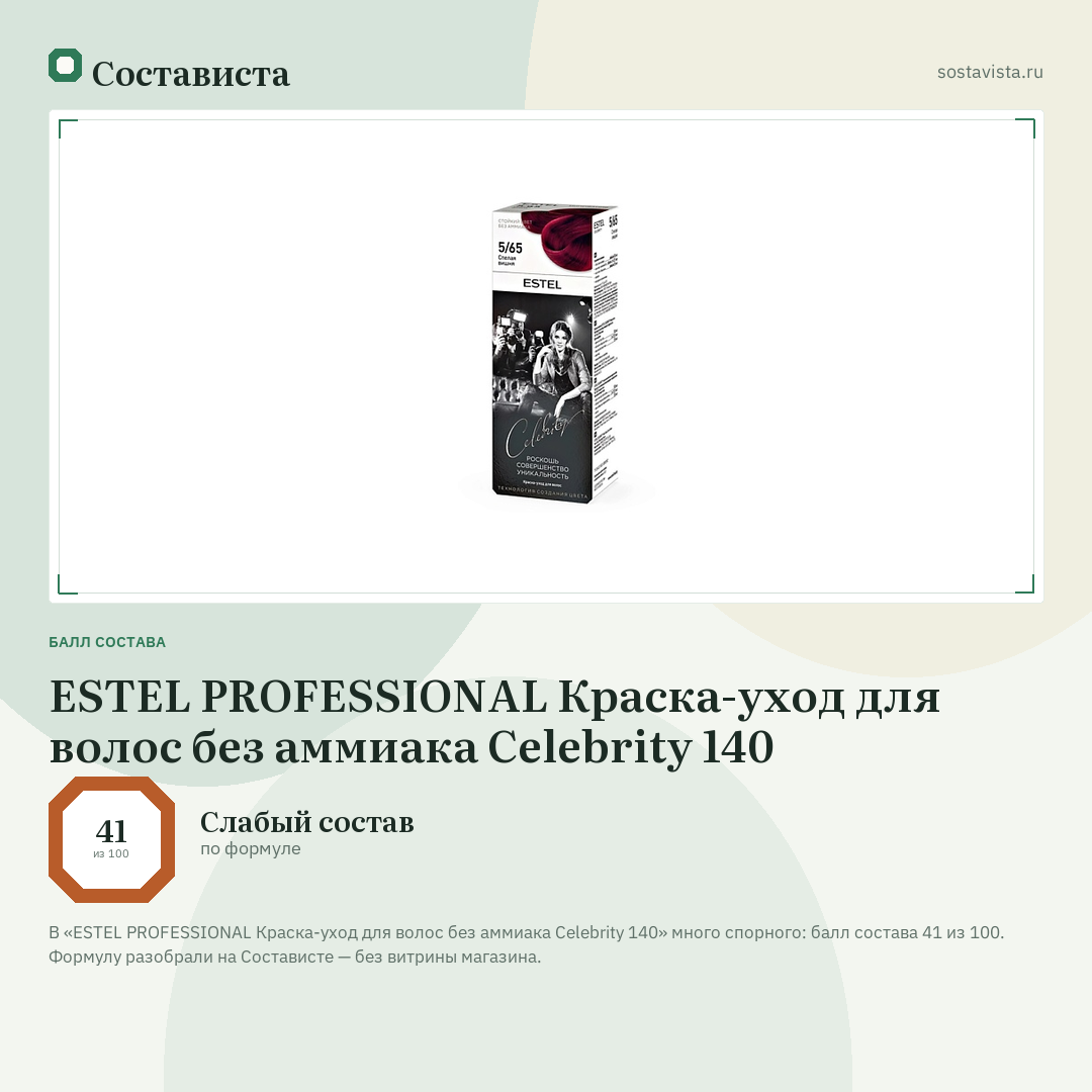 ESTEL PROFESSIONAL Краска-уход для волос без аммиака Celebrity 140: балл состава 41 из 100 — Состависта