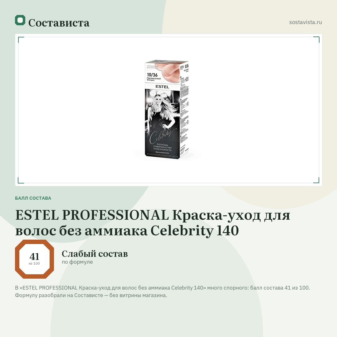 ESTEL PROFESSIONAL Краска-уход для волос без аммиака Celebrity 140: балл состава 41 из 100 — Состависта