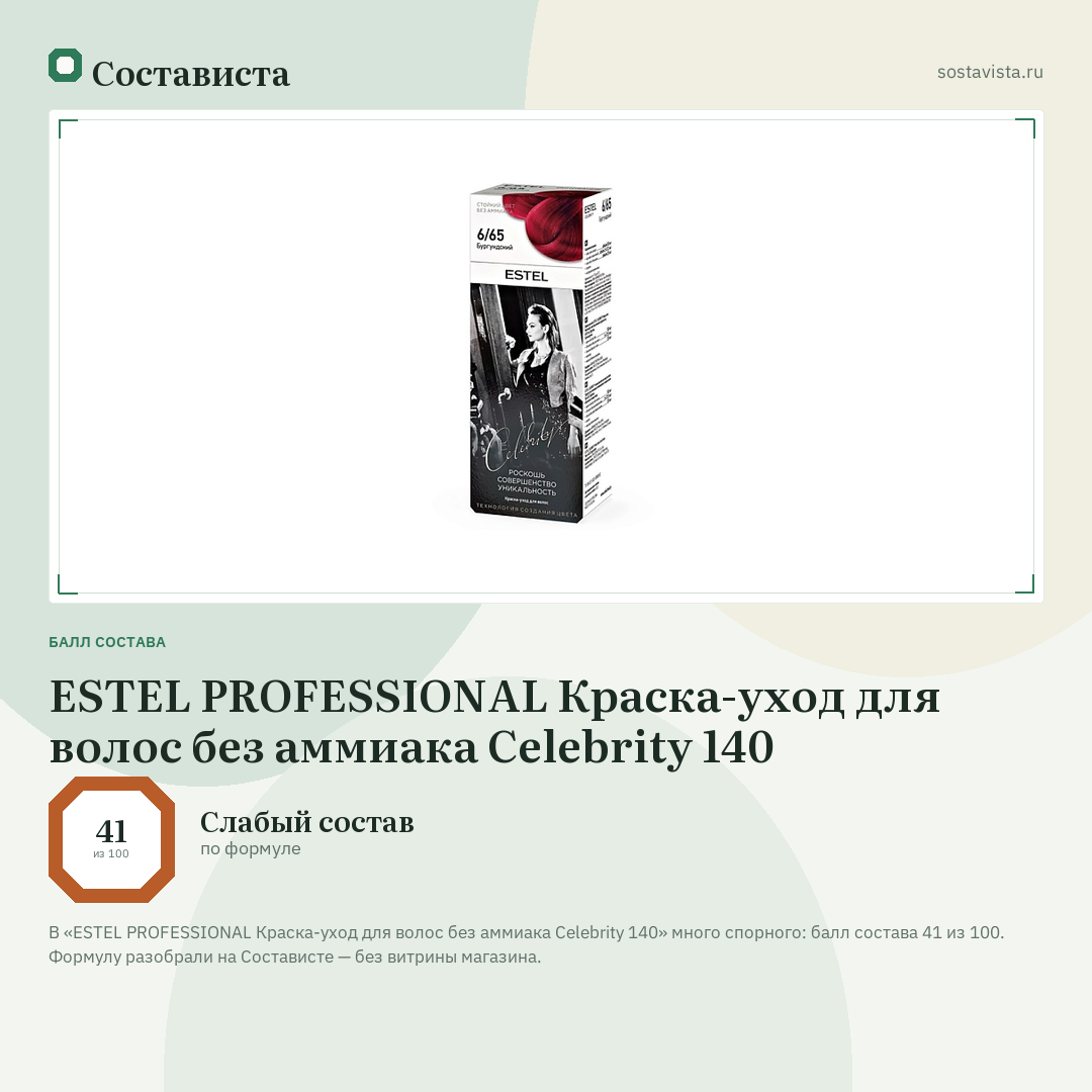 ESTEL PROFESSIONAL Краска-уход для волос без аммиака Celebrity 140: балл состава 41 из 100 — Состависта
