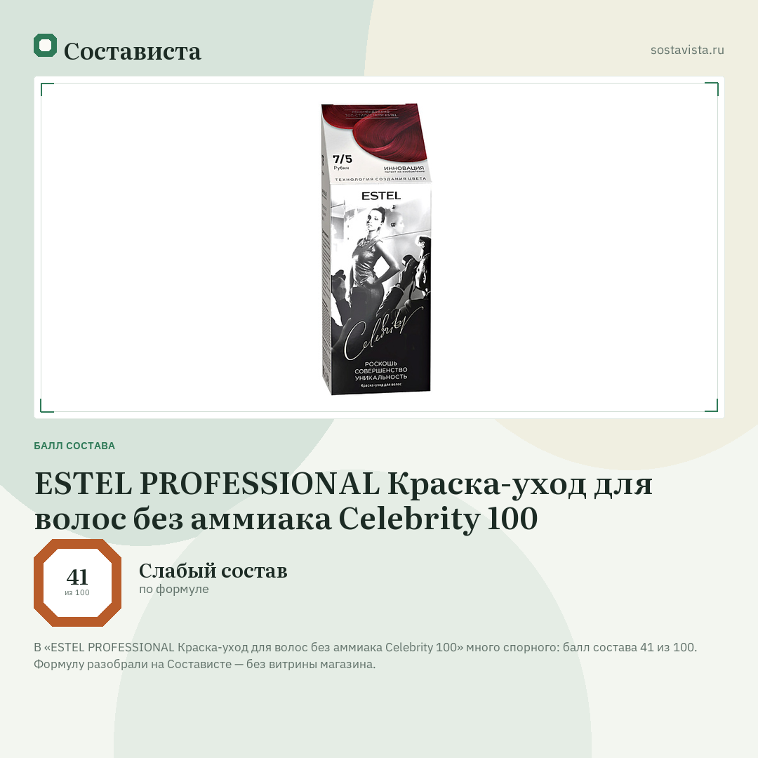 ESTEL PROFESSIONAL Краска-уход для волос без аммиака Celebrity 100: балл состава 41 из 100 — Состависта