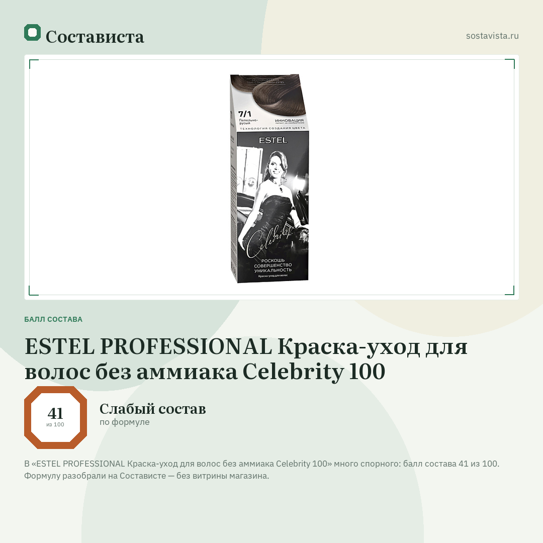 ESTEL PROFESSIONAL Краска-уход для волос без аммиака Celebrity 100: балл состава 41 из 100 — Состависта
