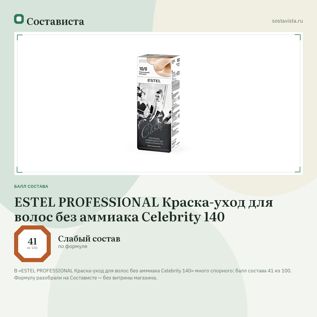 ESTEL PROFESSIONAL Краска-уход для волос без аммиака Celebrity 140: балл состава 41 из 100 — Состависта