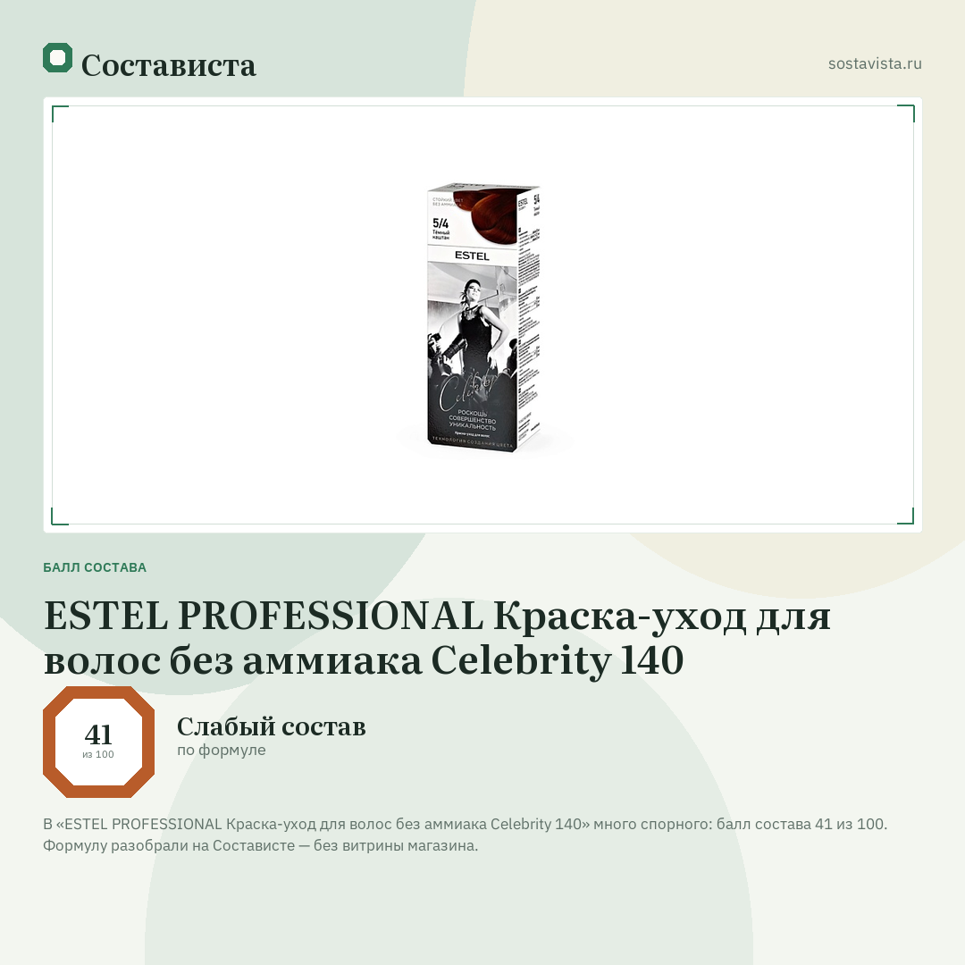 ESTEL PROFESSIONAL Краска-уход для волос без аммиака Celebrity 140: балл состава 41 из 100 — Состависта
