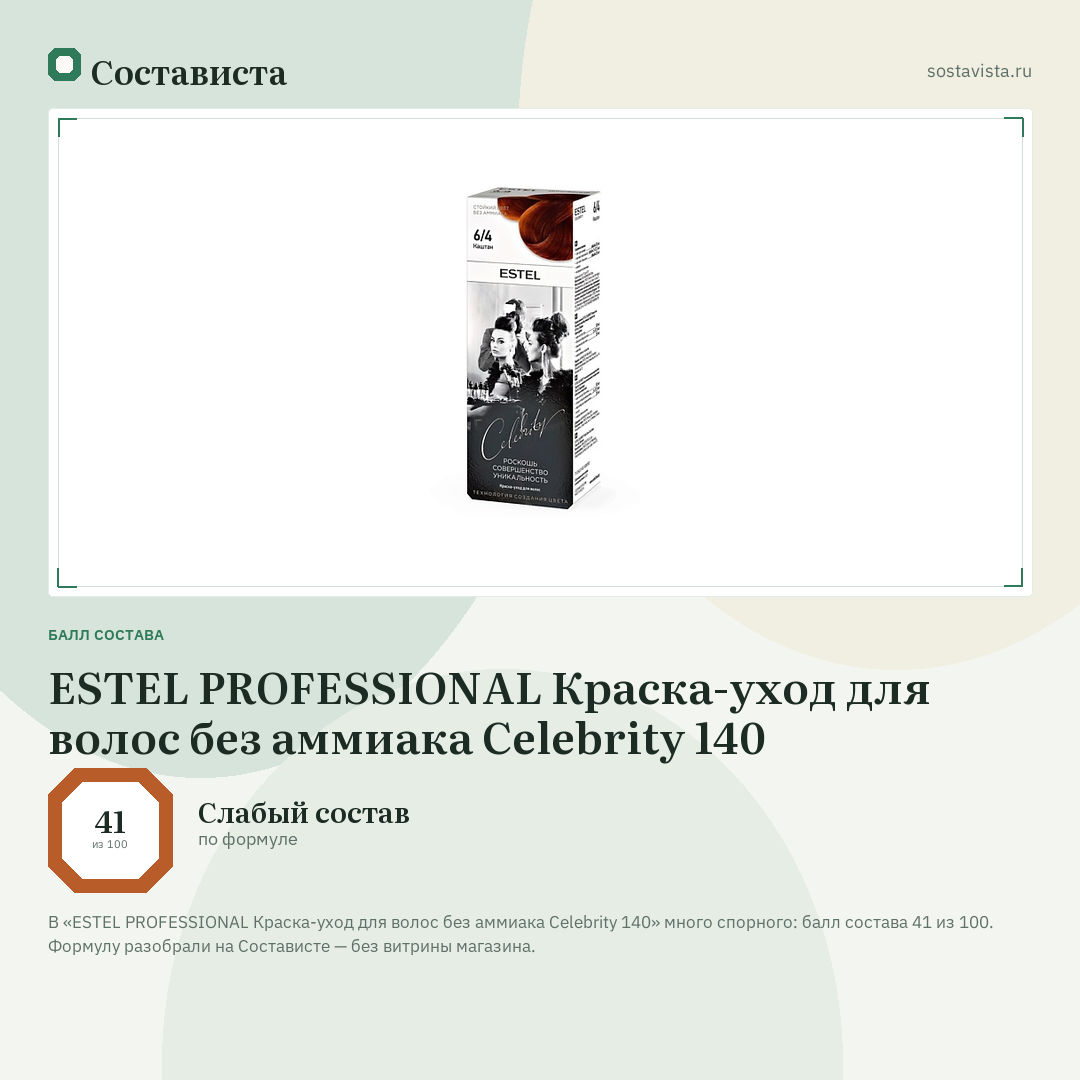 ESTEL PROFESSIONAL Краска-уход для волос без аммиака Celebrity 140: балл состава 41 из 100 — Состависта