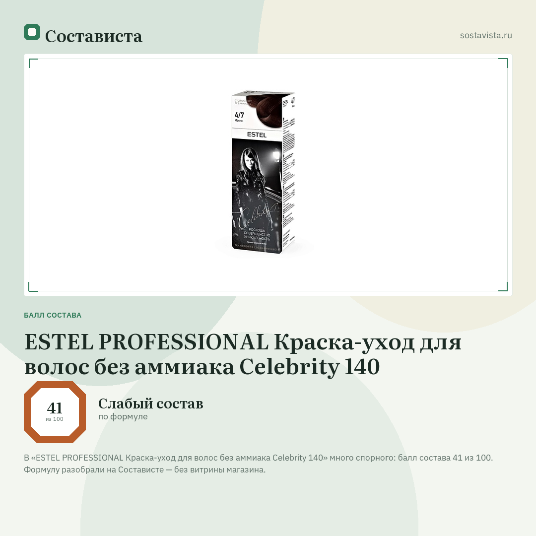 ESTEL PROFESSIONAL Краска-уход для волос без аммиака Celebrity 140: балл состава 41 из 100 — Состависта