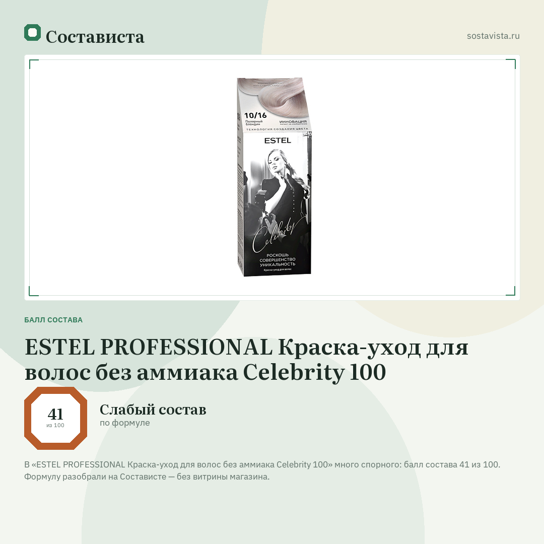ESTEL PROFESSIONAL Краска-уход для волос без аммиака Celebrity 100: балл состава 41 из 100 — Состависта