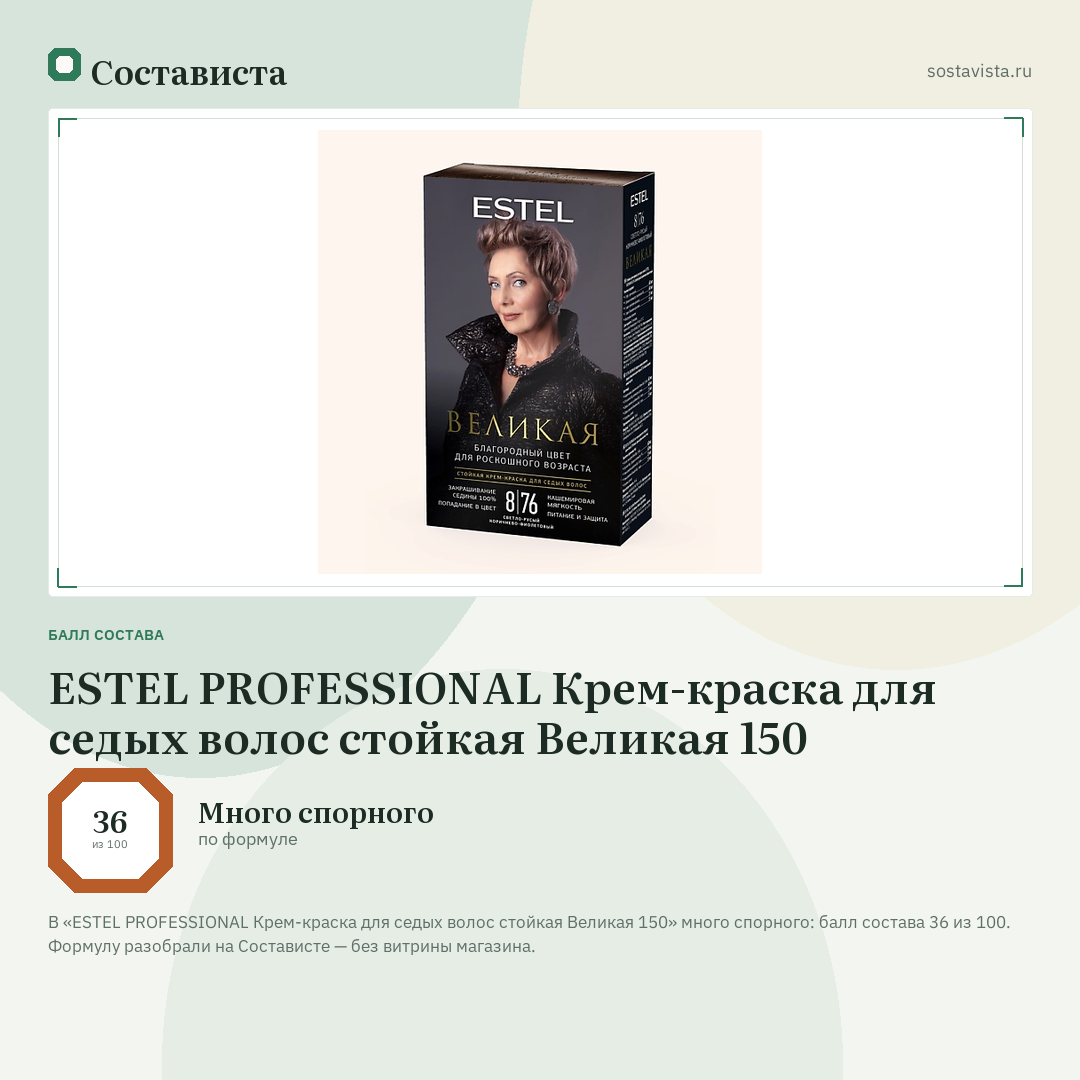 ESTEL PROFESSIONAL Крем-краска для седых волос стойкая Великая 150: балл состава 36 из 100 — Состависта