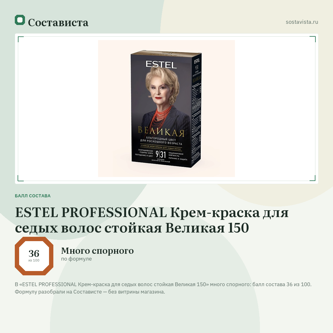 ESTEL PROFESSIONAL Крем-краска для седых волос стойкая Великая 150: балл состава 36 из 100 — Состависта