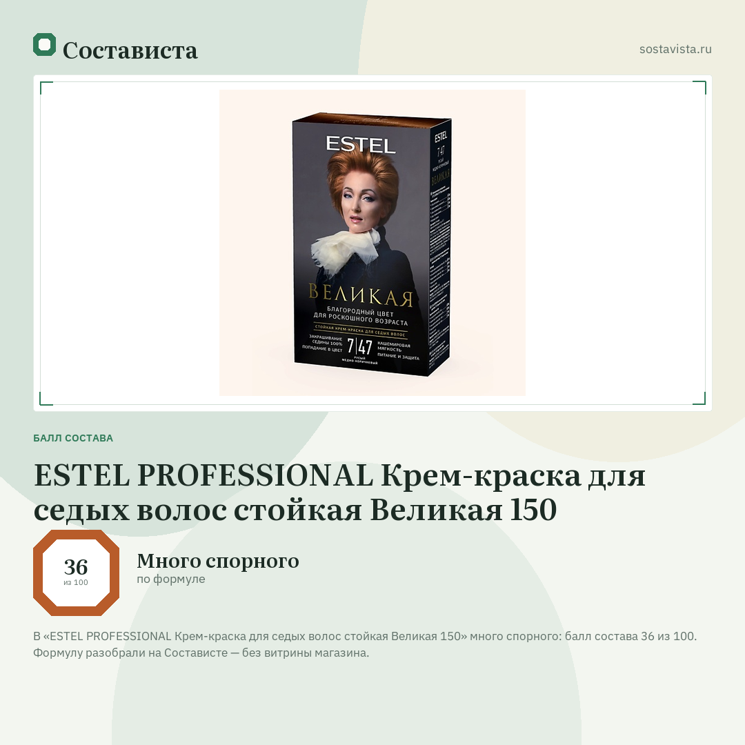 ESTEL PROFESSIONAL Крем-краска для седых волос стойкая Великая 150: балл состава 36 из 100 — Состависта