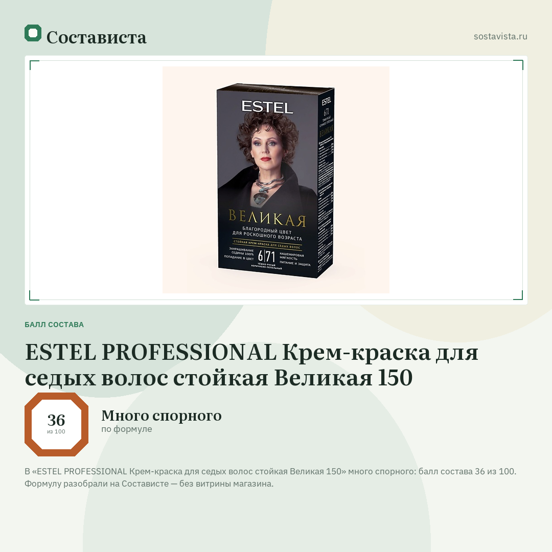 ESTEL PROFESSIONAL Крем-краска для седых волос стойкая Великая 150: балл состава 36 из 100 — Состависта