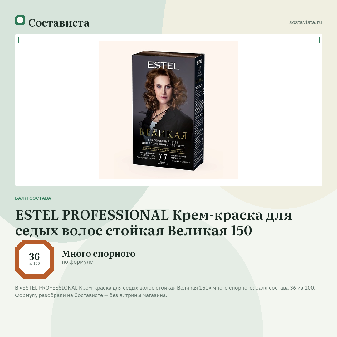 ESTEL PROFESSIONAL Крем-краска для седых волос стойкая Великая 150: балл состава 36 из 100 — Состависта