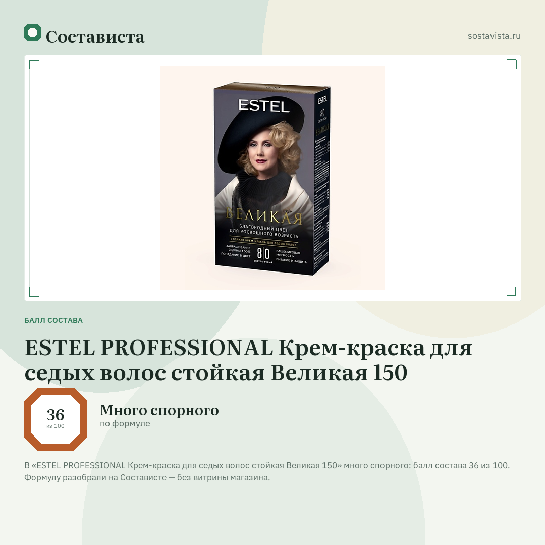 ESTEL PROFESSIONAL Крем-краска для седых волос стойкая Великая 150: балл состава 36 из 100 — Состависта