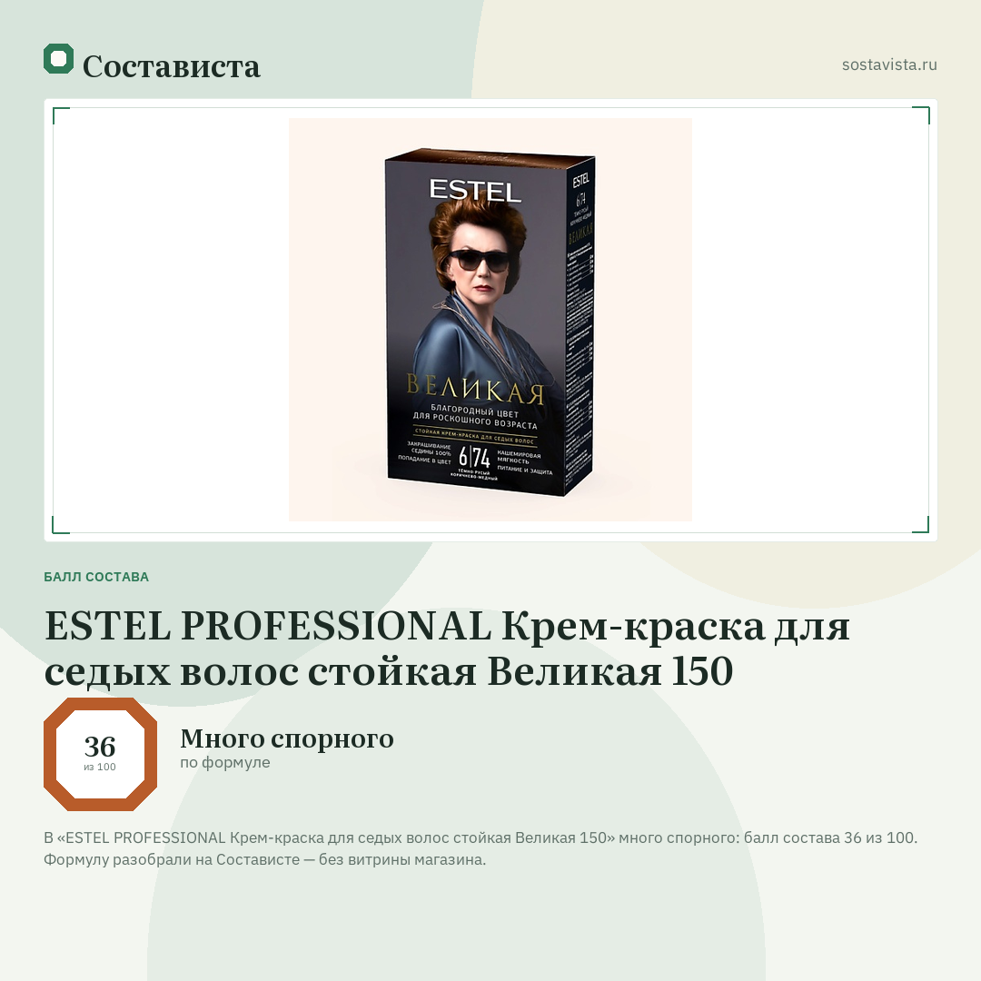 ESTEL PROFESSIONAL Крем-краска для седых волос стойкая Великая 150: балл состава 36 из 100 — Состависта