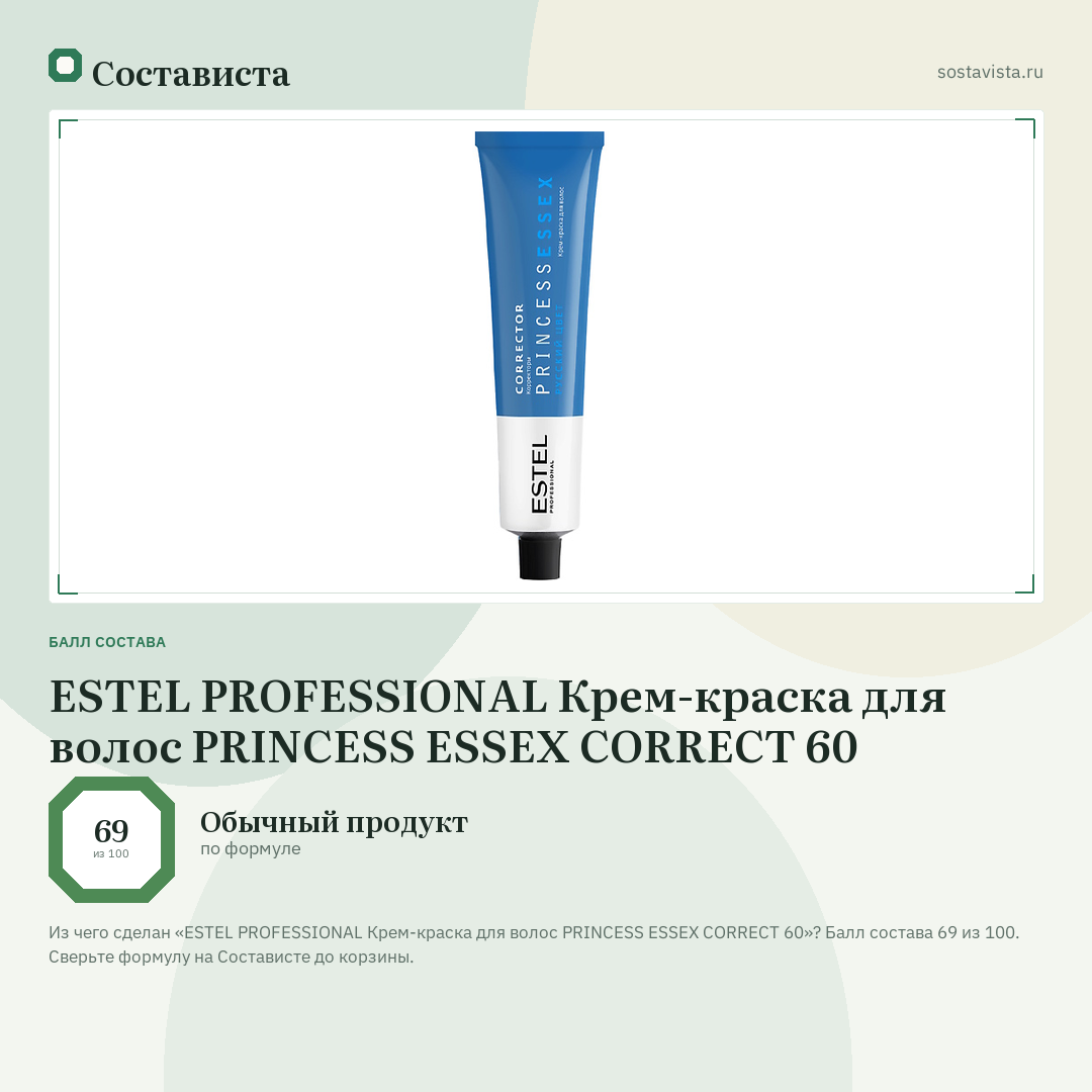 ESTEL PROFESSIONAL Крем-краска для волос PRINCESS ESSEX CORRECT 60: балл состава 69 из 100 — Состависта