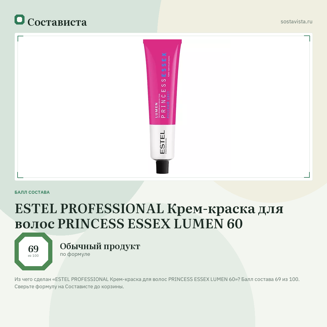 ESTEL PROFESSIONAL Крем-краска для волос PRINCESS ESSEX LUMEN 60: балл состава 69 из 100 — Состависта