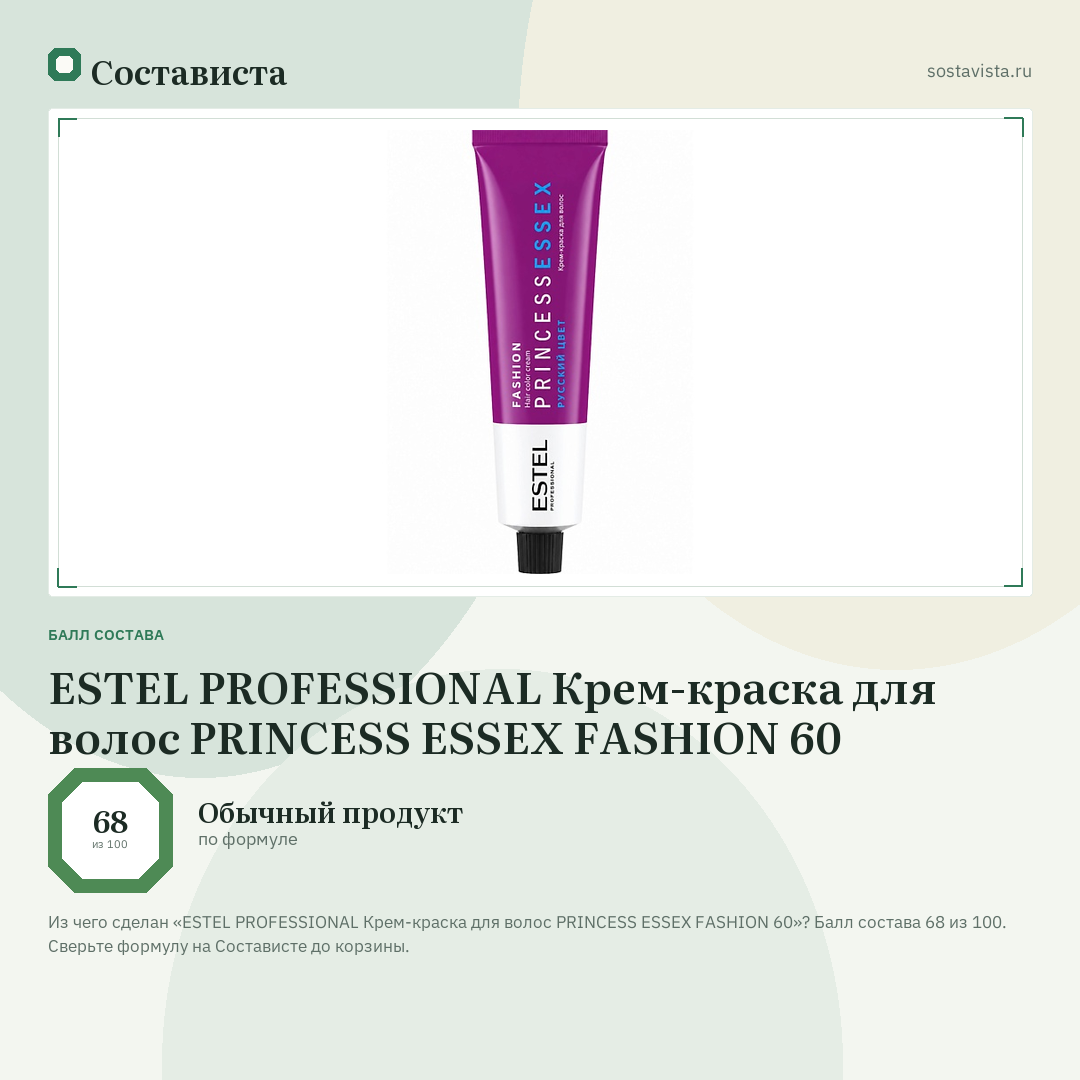 ESTEL PROFESSIONAL Крем-краска для волос PRINCESS ESSEX FASHION 60: балл состава 68 из 100 — Состависта