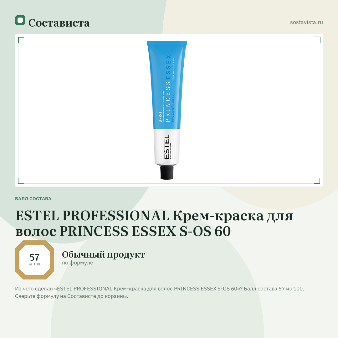 ESTEL PROFESSIONAL Крем-краска для волос PRINCESS ESSEX S-OS 60: балл состава 57 из 100 — Состависта